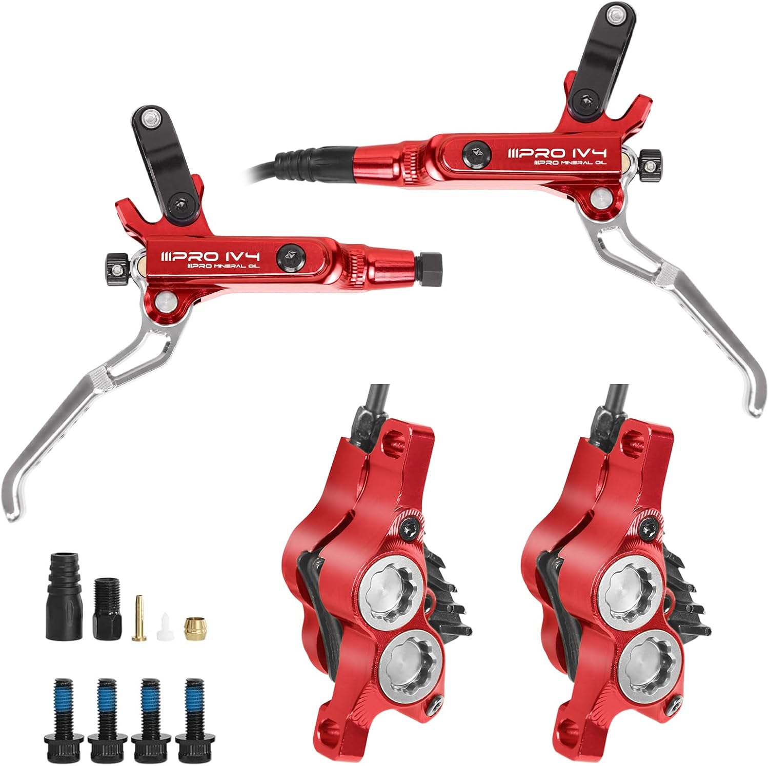 IIIPRO IV4 4-Piston MTB Hydraulic Disc Brake Set, Front 850mm and Rear 1550mm  with Aluminum Alloy Caliper Lever Fit Ebike,Fat Bike Trail Bicycle XC AM DH BMX