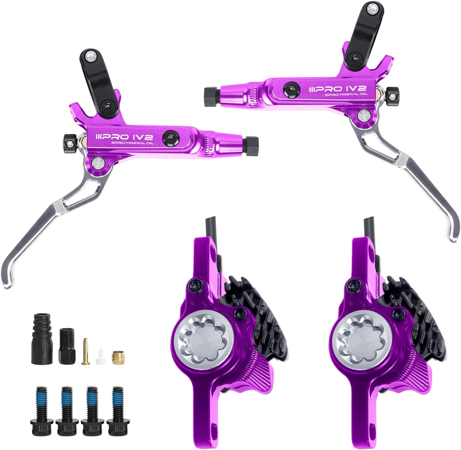 BUCKLOS IIIPRO IV2 MTB Hydraulic Disc Brake Set, 2 Piston Left Front 850mm Right Rear 1550mm Aluminum Alloy Levers Calipers for Mountain Bike/Ebike/Folding Bike/Fat Bike